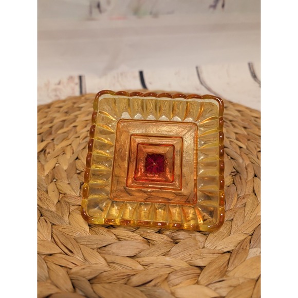 Vintage Jeannette Amberina Art Glass Covered Footed Candy Dish Wedding Box USA - Picture 7 of 7